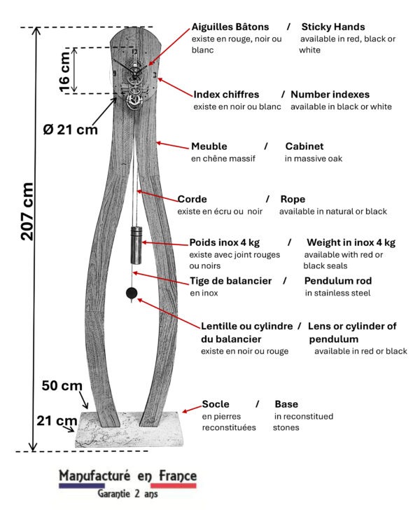 Dimensions horloge L'Origine (FR/EN) : meuble chêne / massive oak cabinet, socle pierre / stone base, hauteur 207 cm - Manufacture Vuillemin