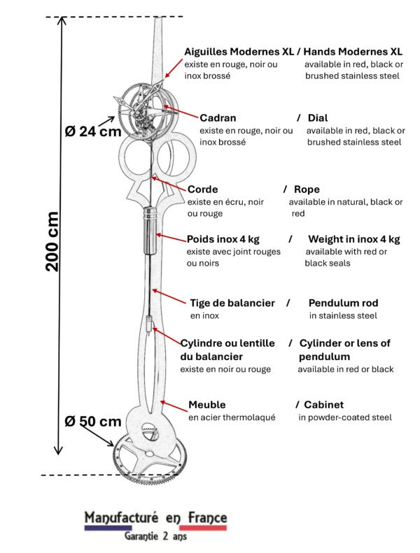 Dimensions horloge L'Aiguille (FR/EN) : meuble acier / powder-coated steel, mécanisme apparent / visible movement, hauteur 200 cm - Manufacture Vuillemin.