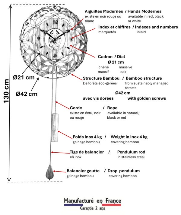 mensions Horloge Boulle Bambou (FR/EN) : structure bambou / bamboo structure, hauteur 130 cm, poids inox 4kg / stainless steel weight - Manufacture Vuillemin.