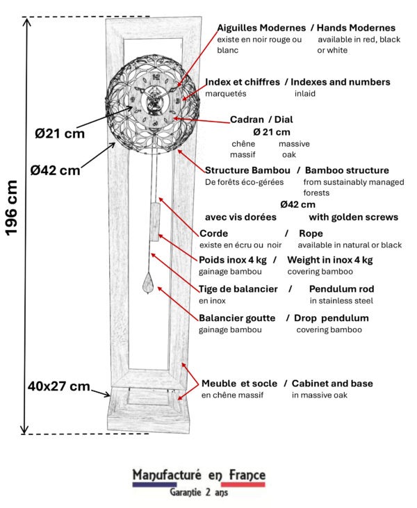 Schéma technique horloge Citadelle Bambou : structure avec horloge mécanique Boulle, balancier goutte avec gainage bambou et poids inox gainé - Manufacture Vuillemin France.