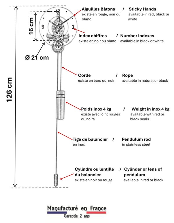 Dimensions horloge Ligne (FR/EN) : cadran 21 cm / dial, mécanisme apparent / visible movement, hauteur 126 cm - Manufacture Vuillemin France.