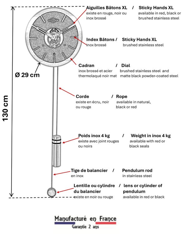 Dimensions horloge Éclipse (FR/EN) : cadran inox brossé / brushed stainless steel, poids inox 4kg / stainless steel weights, hauteur 130 cm - Manufacture Vuillemin.