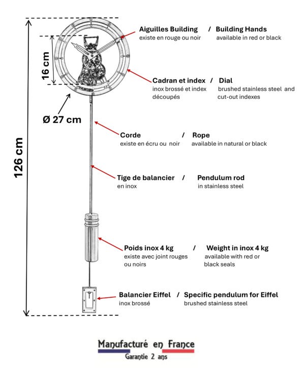 Dimensions horloge Eiffel (FR/EN) : cadran inox / stainless steel dial, balancier Eiffel / Eiffel pendulum, hauteur 126 cm - Manufacture Vuillemin.