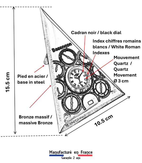Schéma technique horloge Flèche : bronze massif, pied en acier, cadran noir avec chiffres romains et mouvement quartz - Manufacture Vuillemin.