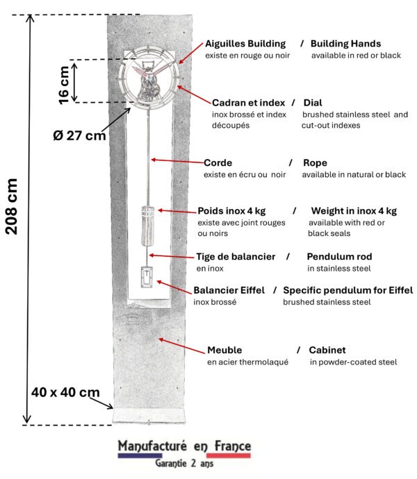 Dimensions Gratte-Ciel Eiffel (FR/EN) : meuble acier / steel cabinet, balancier Eiffel / Eiffel pendulum, hauteur 208 cm - Manufacture Vuillemin.