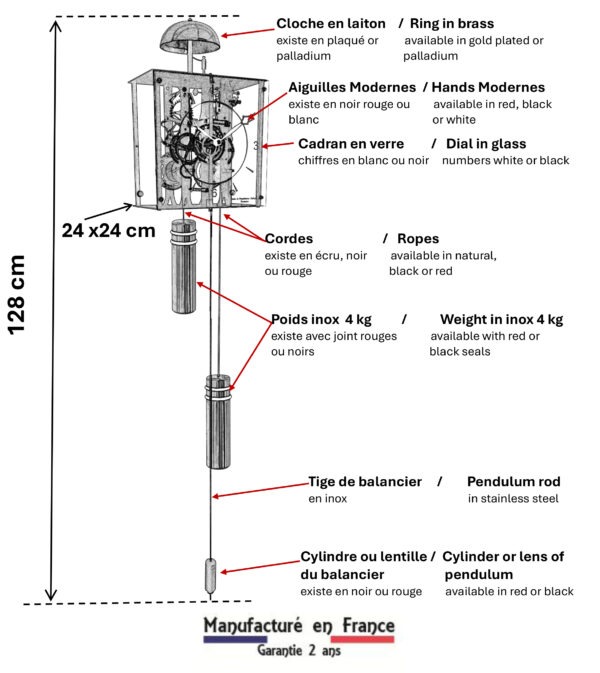 Schéma technique horloge moderne Vauban : mécanisme de précision avec sonnerie sur cloche Manufacture Vuillemin.