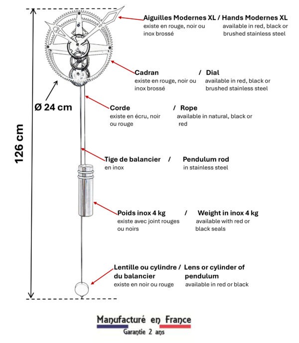 Dimensions horloge Vesontio (FR/EN) : cadran roue dentée / gear dial, mécanisme apparent / visible movement, hauteur 126 cm - Manufacture Vuillemin.