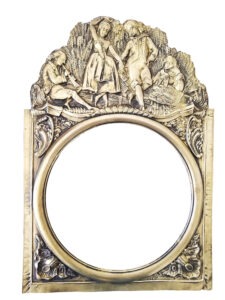 Traditional Comtoise clock brass pediment "Les Danseurs" (The Dancers): village celebration scene in embossed brass, French craftsmanship - Vuillemin Manufacture.