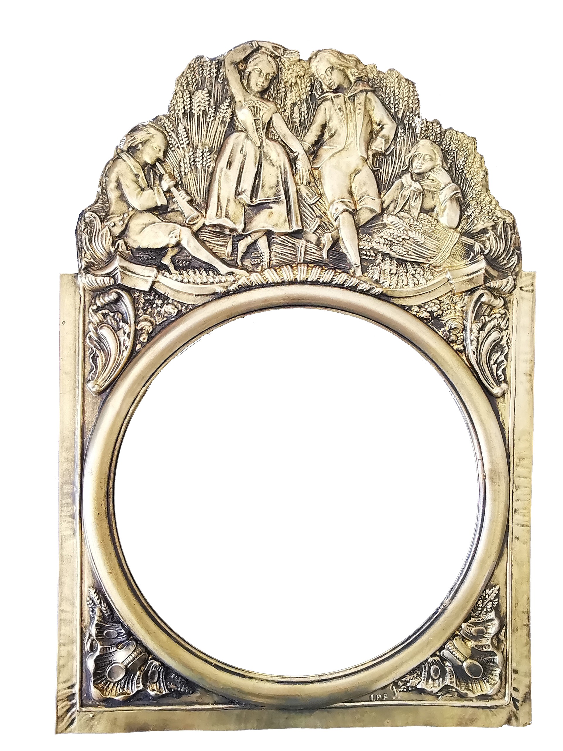 Traditional Comtoise clock brass pediment "Les Danseurs" (The Dancers): village celebration scene in embossed brass by Manufacture Vuillemin.