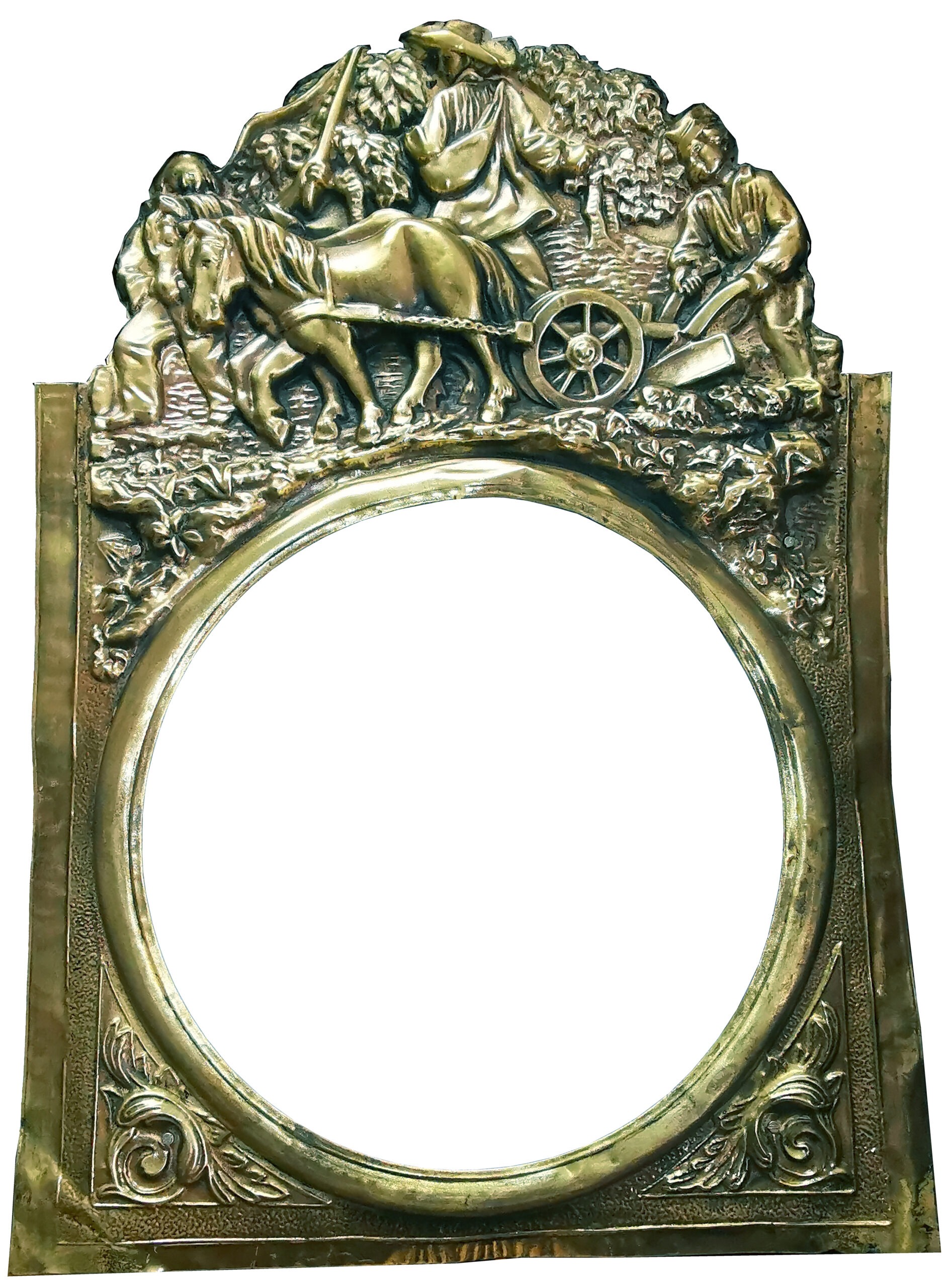 Traditional Comtoise clock brass pediment "Le Labour" (Ploughing): embossed brass featuring a traditional ploughing scene by Manufacture Vuillemin.