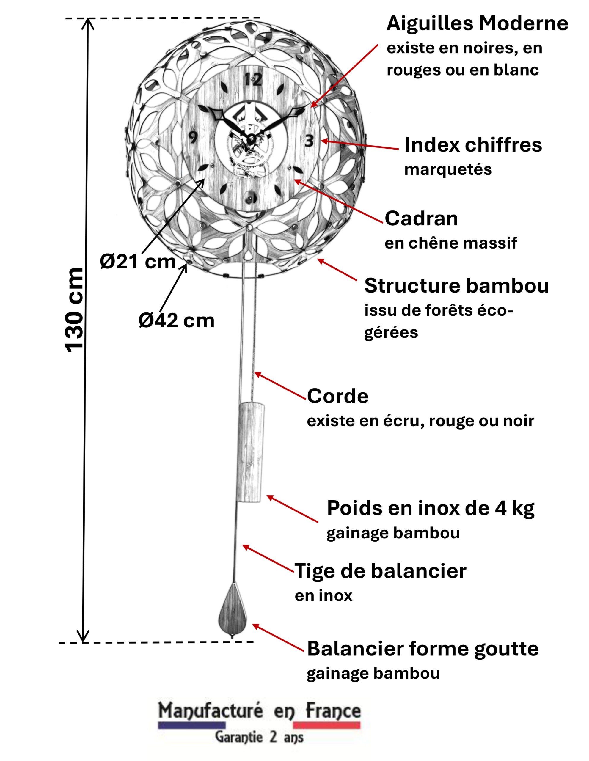 Schéma technique horloge murale Boulle Bambou : structure ajourée en bois éco-géré, balancier goutte gainé bambou et mécanisme de précision - Manufacture Vuillemin