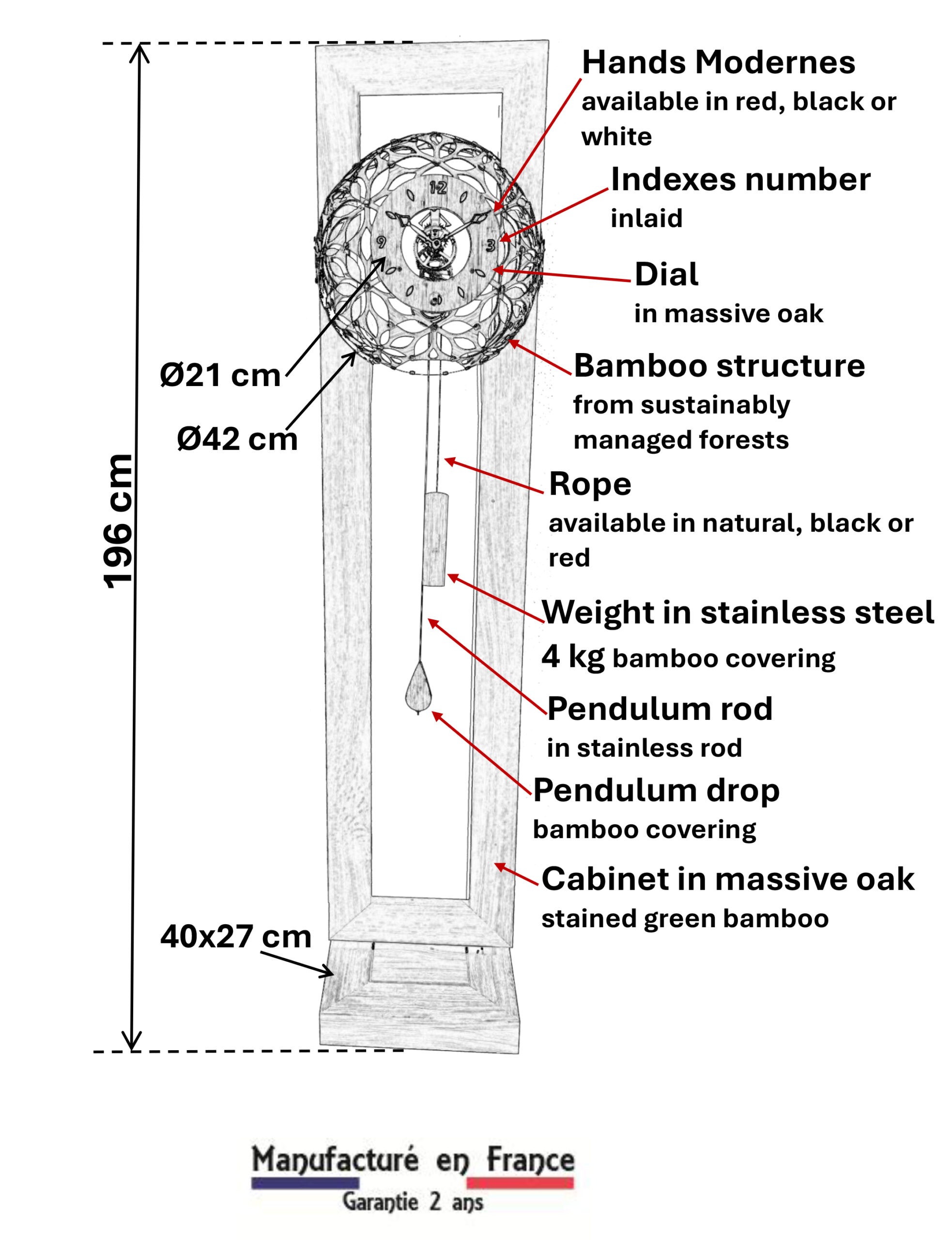 Technical drawing Citadelle Bamboo clock: sustainable bamboo structure and solid oak cabinet by Manufacture Vuillemin.