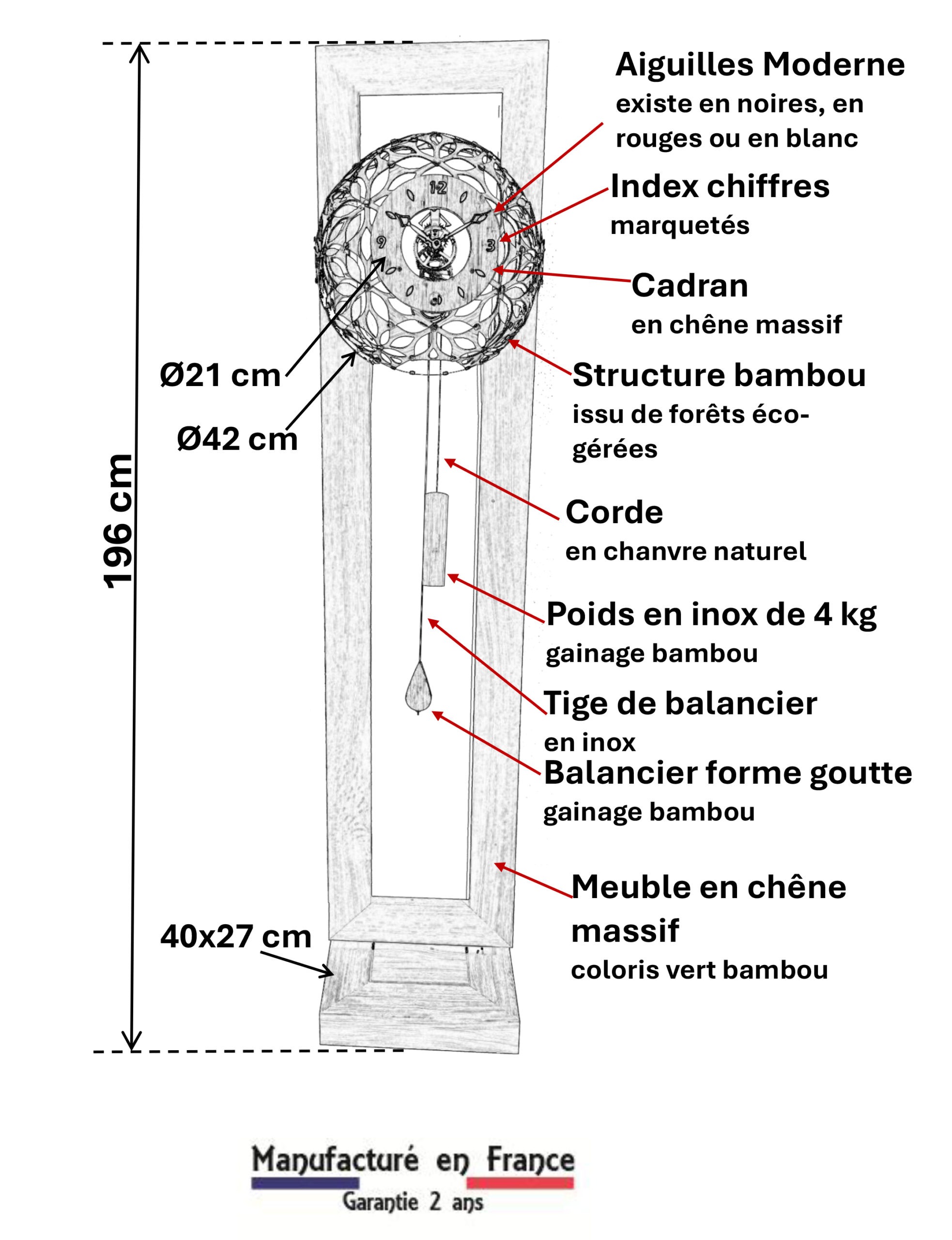 Planche technique de l'horloge La Citadelle Bambou : dimensions, structure en bambou durable et détails du mouvement mécanique Boulle.
