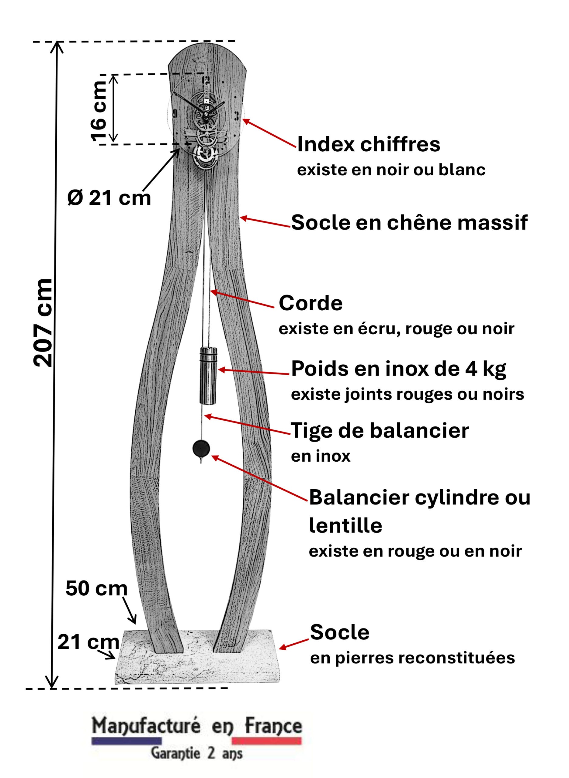 Planche technique de l'horloge L'Origine : structure incurvée en chêne, socle en pierre naturelle et détails du mouvement squelette 8 jours.