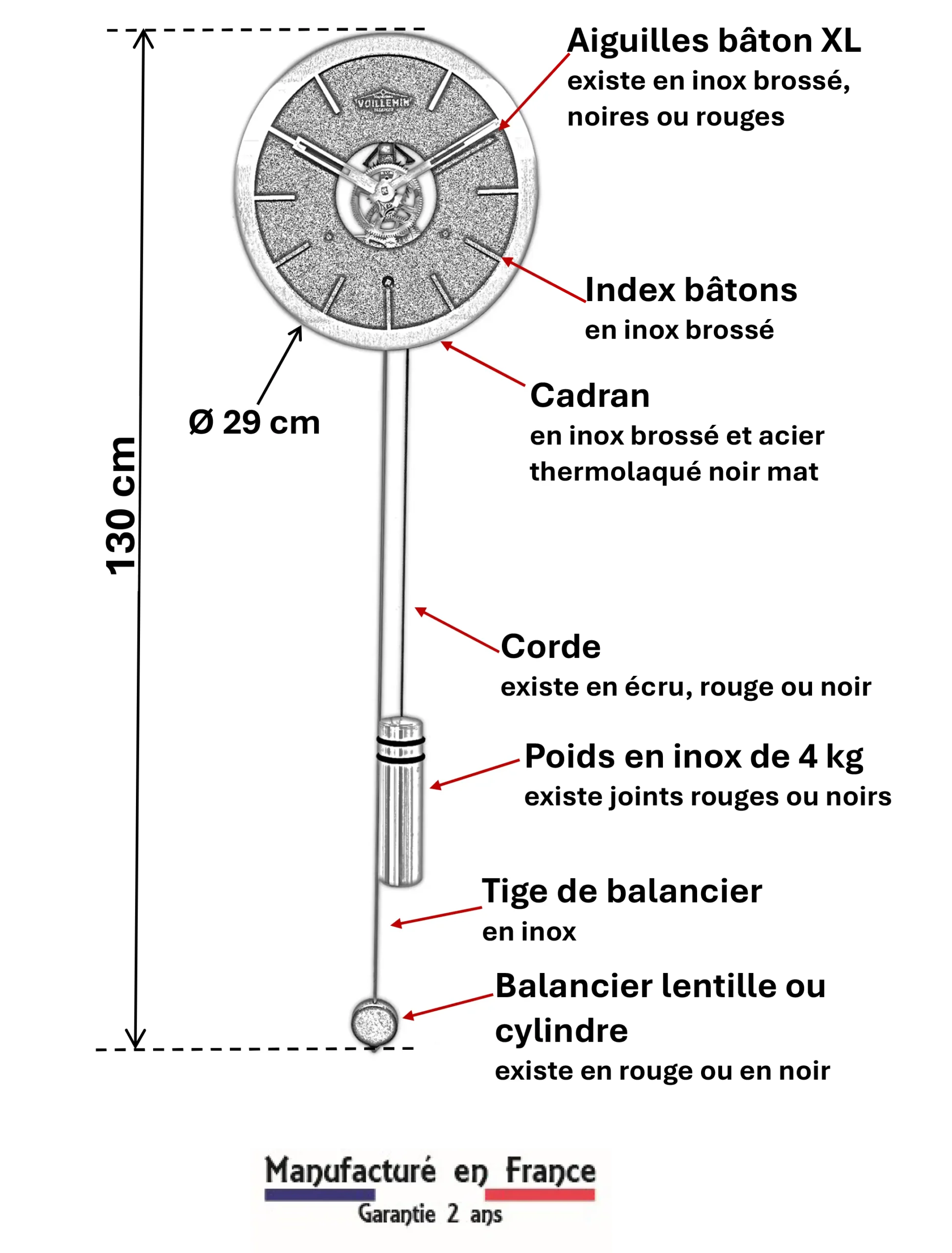 Schéma technique de l'horloge Éclipse : mécanisme squelette 8 jours de réserve de marche, balancier lent et structure circulaire en inox.